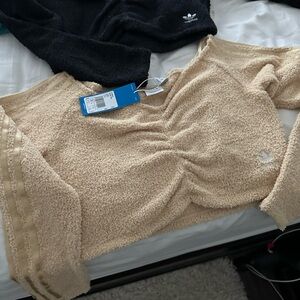 adidas Beige Terry Crop Top with Logo and black